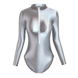 IFOMT Satin Shiny Japanese Women's Sexy Body Suits Front Zipper Long Sleeve Tight Glossy Silky High Cut One Piece Swimsuit Plus Size