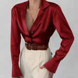 2023 V Neck Long Sleeve Satin Shirt Women Elegant Autumn Winter Black   Fashion Blouse Lady Office Tops
