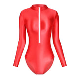 IFOMT Satin Shiny Japanese Women's Sexy Body Suits Front Zipper Long Sleeve Tight Glossy Silky High Cut One Piece Swimsuit Plus Size