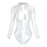 IFOMT Satin Shiny Japanese Women's Sexy Body Suits Front Zipper Long Sleeve Tight Glossy Silky High Cut One Piece Swimsuit Plus Size