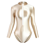 IFOMT Satin Shiny Japanese Women's Sexy Body Suits Front Zipper Long Sleeve Tight Glossy Silky High Cut One Piece Swimsuit Plus Size