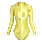 IFOMT Satin Shiny Japanese Women's Sexy Body Suits Front Zipper Long Sleeve Tight Glossy Silky High Cut One Piece Swimsuit Plus Size