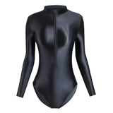 IFOMT Satin Shiny Japanese Women's Sexy Body Suits Front Zipper Long Sleeve Tight Glossy Silky High Cut One Piece Swimsuit Plus Size