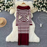 long sweater dress outfit 2024 Autumn and Winter Elegant Slim-Fit Sheath Slimming off-Shoulder Collarbone Black and White Stripe Knitted Dress 82