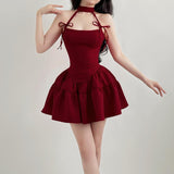 cybergoth dress to impress 2024 French Retro Red Bow Strap Halter Dress Waist Slimming A- line Fluffy Suspender Skirt Spring