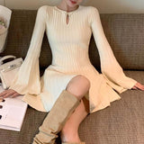 long sweater dress outfit French Style Hollow Bell Sleeve Knitted Dress Autumn and Winter Waist Slimming Pleated Skirt Fashionable Western Style Sweater Dress