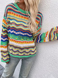 IFOMT Rainbow Stripe Crochet Knit Sweater
