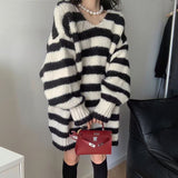 fall outfits 2024 Korean Style Contrast Color Striped Sweater Autumn and Winter Mid-Length Korean Style Lazy Style Loose Slimming V-neck Thickened Sweater for Women