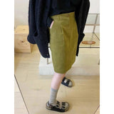 grunge outfits Mustard Green All-Match High Waist Corduroy Skirt for Women