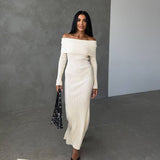 long sweater dress outfit 2024 Autumn and Winter Elegant Slim-Fit Sheath Slimming off-Shoulder Collarbone Black and White Stripe Knitted Dress 82