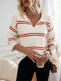 IFOMT V-neck Striped Pullover Polo Shirt Sweater