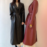 black sweater dress outfit Chic Autumn Retro Suit Collar Single-Breasted Lace-up Waist over-the-Knee Long PU Leather Trench Coat for Women