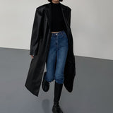 black sweater dress outfit Black Mid-Length Leather Coat for Women 2024 Spring and Autumn Fashion New Loose over-the-Knee PU Leather Suit Coat Trendy