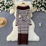 long sweater dress outfit 2024 Autumn and Winter Elegant Slim-Fit Sheath Slimming off-Shoulder Collarbone Black and White Stripe Knitted Dress 82