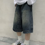 90s streetwear American Retro Washed High Street Stitching Denim Shorts Men's and Women's Summer Wide Leg Distressed Loose Casual Cropped Pants