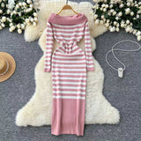 long sweater dress outfit 2024 Autumn and Winter Elegant Slim-Fit Sheath Slimming off-Shoulder Collarbone Black and White Stripe Knitted Dress 82