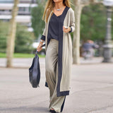 2000s fashion Casual Solid Color Stitching Contrast Color Sleeveless Vest Long Sleeve Cardigan Coat Trousers Three-Piece Set