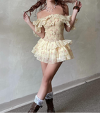Ifomt Yellow Floral Ruffled Off-shoulder Dress