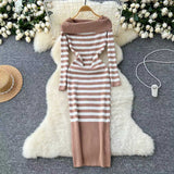 long sweater dress outfit 2024 Autumn and Winter Elegant Slim-Fit Sheath Slimming off-Shoulder Collarbone Black and White Stripe Knitted Dress 82