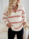 IFOMT V-neck Striped Pullover Polo Shirt Sweater