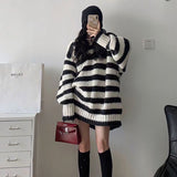 fall outfits 2024 Korean Style Contrast Color Striped Sweater Autumn and Winter Mid-Length Korean Style Lazy Style Loose Slimming V-neck Thickened Sweater for Women