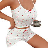 birthday outfit New Heart-Shaped Printed Bow Strap Home Leisure Suit Pajamas Sexy Slim Fit