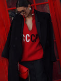 IFOMT CCCP Letter Embroidery Stand Collar Hollow Knit Sweater