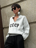 IFOMT CCCP Letter Embroidery Stand Collar Hollow Knit Sweater