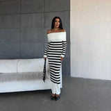 long sweater dress outfit 2024 Autumn and Winter Elegant Slim-Fit Sheath Slimming off-Shoulder Collarbone Black and White Stripe Knitted Dress 82