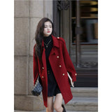 2000s fashion Autumn and Winter Elegant New Year Battle Robe Vintage Woolen Coat Red Long Gold Buckle Woolen Coat for Women