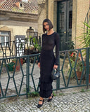 outfit inspo Ruffled Tight Knitted Dress Long Skirt Autumn and Winter 2024 Contrast Color Stitching Elegant Retro Dress