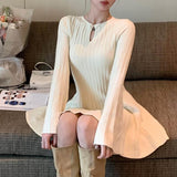 long sweater dress outfit French Style Hollow Bell Sleeve Knitted Dress Autumn and Winter Waist Slimming Pleated Skirt Fashionable Western Style Sweater Dress