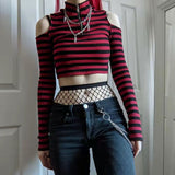 IFOMT y2k outfits Contrast Color Striped off-the-Shoulder Slim-Fit Short Knitted Long-Sleeved T-shirt Top Spring New