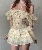 Ifomt Yellow Floral Ruffled Off-shoulder Dress