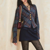 2000s fashion Waist-Tight Batwing Sleeve Plaid Suit Jacket Low Waist Hip Skirt Two-Piece Suit Skirt