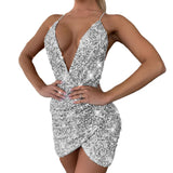Ifomt Backless Party Sequin Dress Women Glitter Club Bodycon Mini Dress Summer Spaghetti Strap Christmas Dress Vestidos