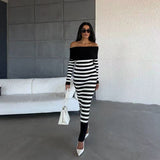 long sweater dress outfit 2024 Autumn and Winter Elegant Slim-Fit Sheath Slimming off-Shoulder Collarbone Black and White Stripe Knitted Dress 82