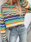 IFOMT Rainbow Stripe Crochet Knit Sweater