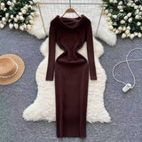 long sweater dress outfit 2024 Autumn and Winter Elegant Slim-Fit Sheath Slimming off-Shoulder Collarbone Black and White Stripe Knitted Dress 82