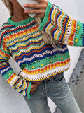 IFOMT Rainbow Stripe Crochet Knit Sweater