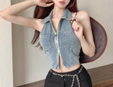 IFOMT Spring Outfit 2024 New Retro Sexy Style Tight-fitting Thin Casual Denim Vest Women's Solid Color Lapel Short Tank Top