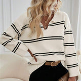 IFOMT V-neck Striped Pullover Polo Shirt Sweater