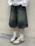 90s streetwear American Retro Washed High Street Stitching Denim Shorts Men's and Women's Summer Wide Leg Distressed Loose Casual Cropped Pants