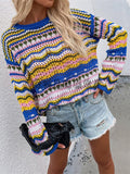 IFOMT Rainbow Stripe Crochet Knit Sweater
