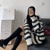 fall outfits 2024 Korean Style Contrast Color Striped Sweater Autumn and Winter Mid-Length Korean Style Lazy Style Loose Slimming V-neck Thickened Sweater for Women