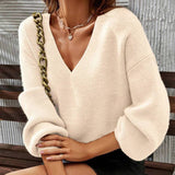 IFOMT V-neck Long-sleeved Loose Pullover Sweater