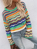 IFOMT Rainbow Stripe Crochet Knit Sweater