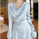 outfit French Style Satin Long-Sleeved Shirt Top for Women Spring and Autumn New High Waist Straight Drape Wide Leg Culottes Suit Women