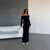 long sweater dress outfit 2024 Autumn and Winter Elegant Slim-Fit Sheath Slimming off-Shoulder Collarbone Black and White Stripe Knitted Dress 82