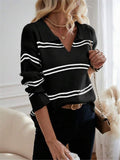 IFOMT V-neck Striped Pullover Polo Shirt Sweater